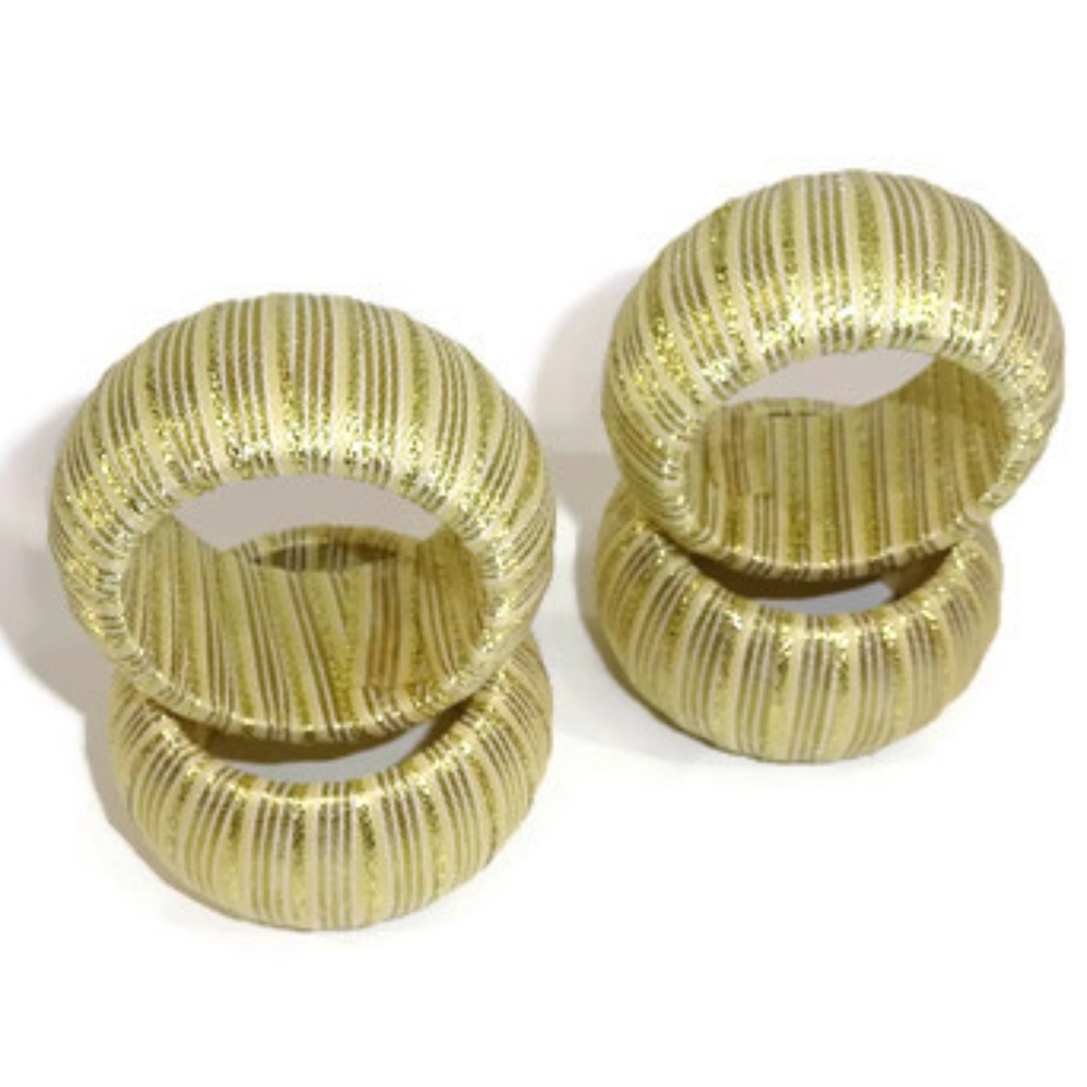 Napkin Rings Gold White Wrapped Ribbon Round - Picture 4 of 6